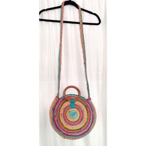 Astrid Round 100% Jute Bag with Strap and Handles Multicolor Circle Boho Sling